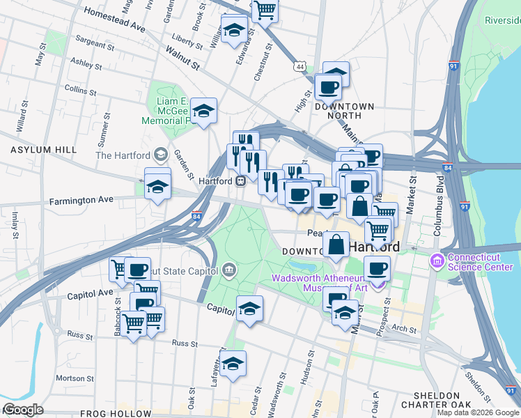 map of restaurants, bars, coffee shops, grocery stores, and more near Asylum Street & High Street in Hartford