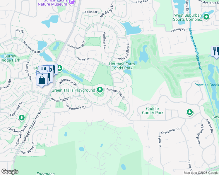 map of restaurants, bars, coffee shops, grocery stores, and more near 2030 Carriage Hill Road in Lisle