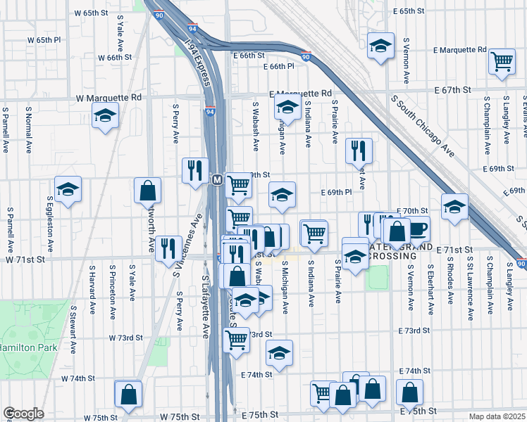 map of restaurants, bars, coffee shops, grocery stores, and more near 6959 South Wabash Avenue in Chicago