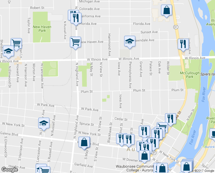 map of restaurants, bars, coffee shops, grocery stores, and more near 510 Hammond Avenue in Aurora