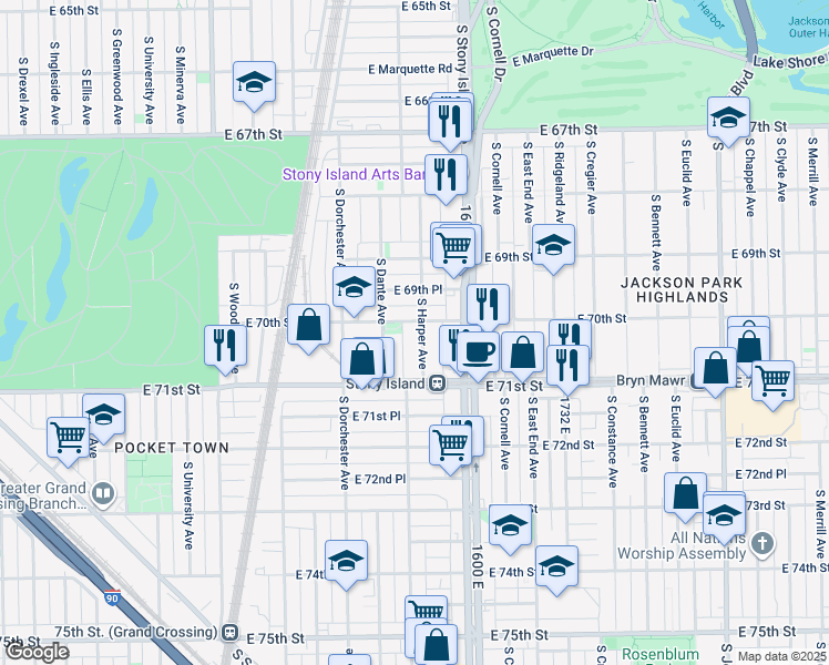 map of restaurants, bars, coffee shops, grocery stores, and more near 7006 South Harper Avenue in Chicago