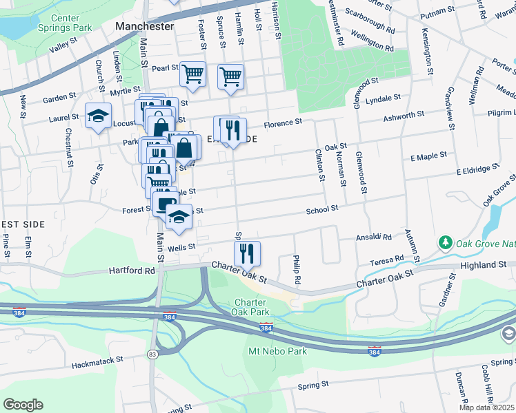 map of restaurants, bars, coffee shops, grocery stores, and more near 126 Eldridge Street in Manchester