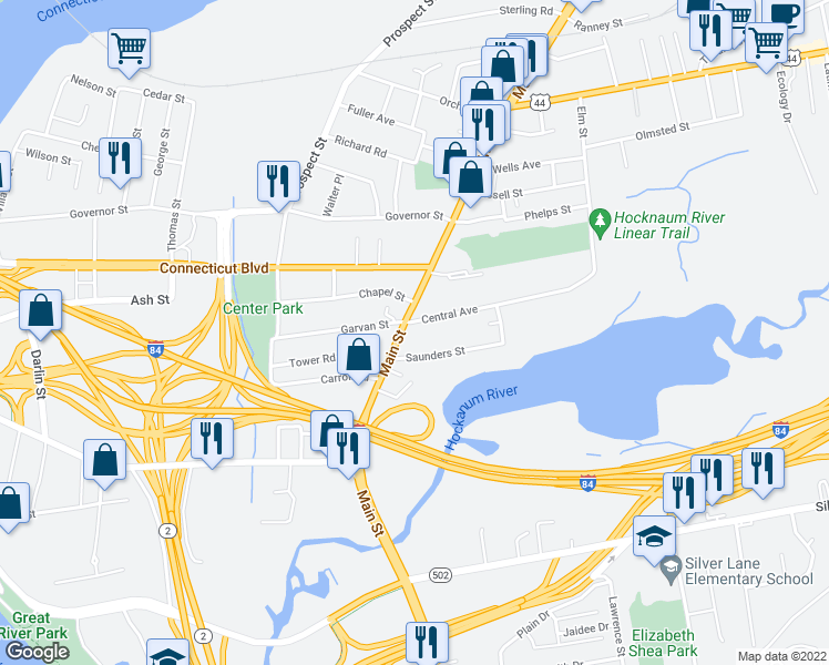 map of restaurants, bars, coffee shops, grocery stores, and more near 11 Central Avenue in East Hartford