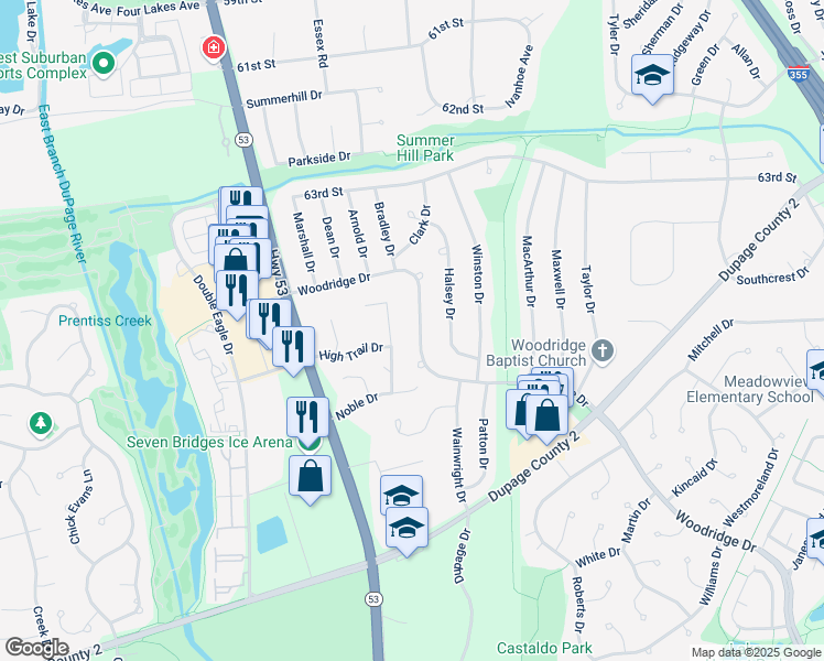 map of restaurants, bars, coffee shops, grocery stores, and more near 6526 Woodridge Drive in Woodridge
