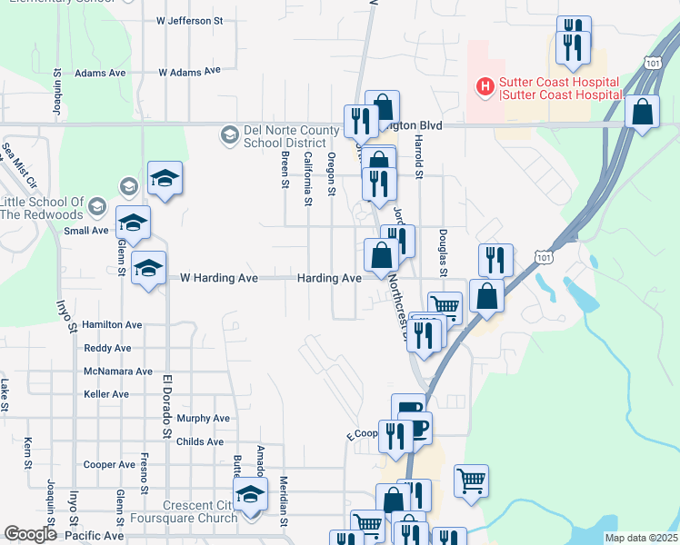 map of restaurants, bars, coffee shops, grocery stores, and more near 12 Harding Avenue in Crescent City