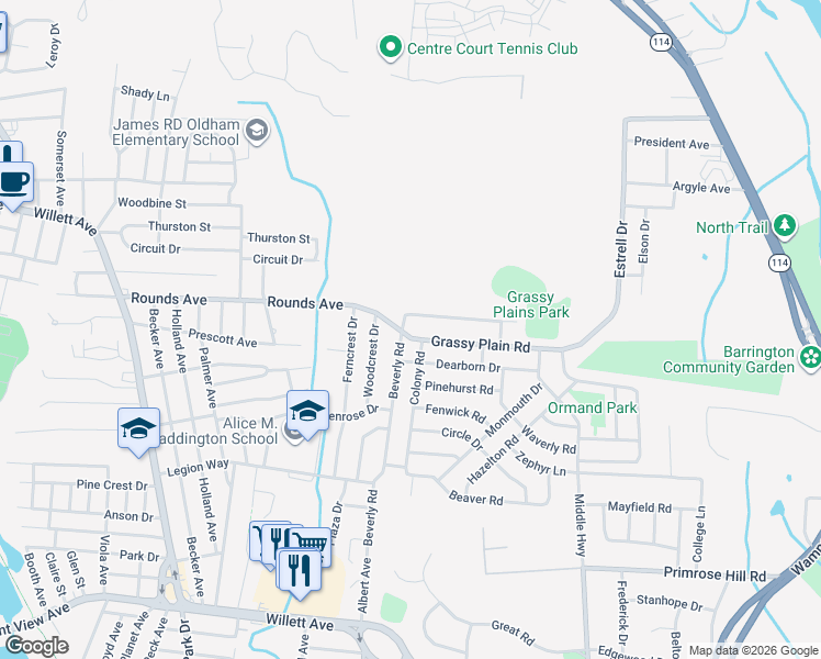 map of restaurants, bars, coffee shops, grocery stores, and more near 18 Grassy Plain Road in East Providence
