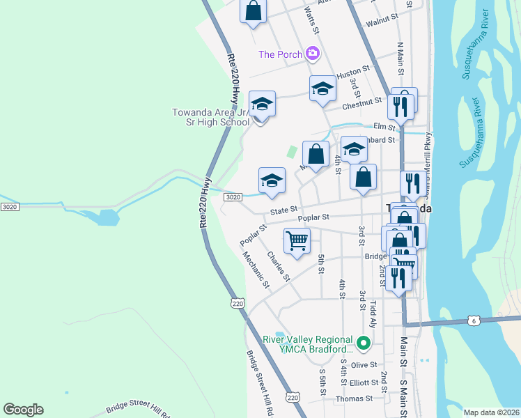 map of restaurants, bars, coffee shops, grocery stores, and more near 420 State Street in Towanda