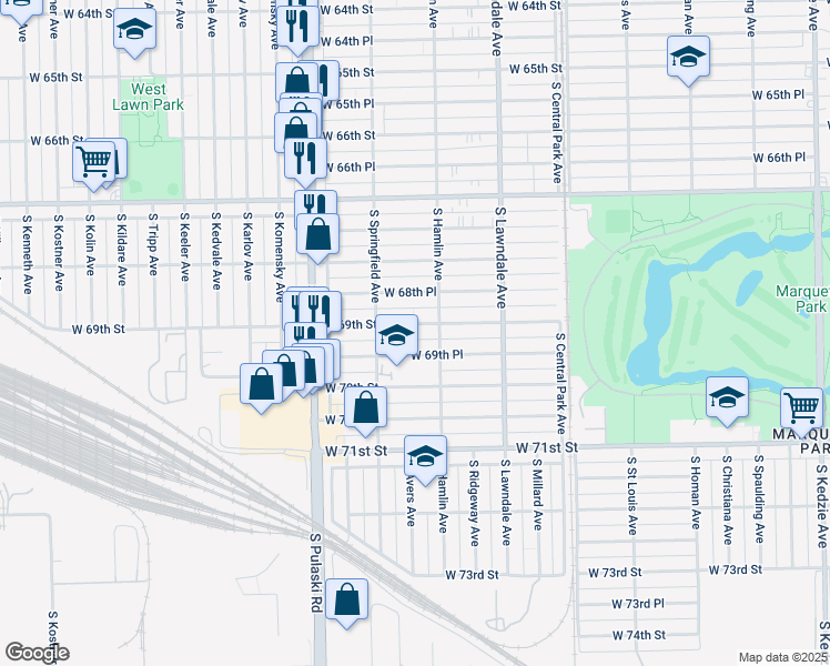 map of restaurants, bars, coffee shops, grocery stores, and more near 3823 West 69th Street in Chicago