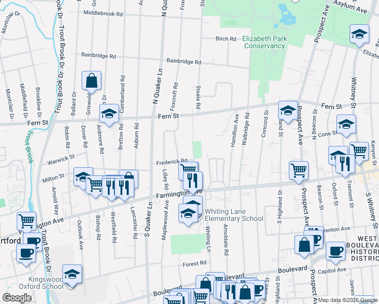 map of restaurants, bars, coffee shops, grocery stores, and more near 32 Frederick Road in West Hartford