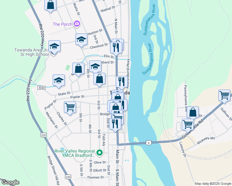 map of restaurants, bars, coffee shops, grocery stores, and more near 218 Main Street in Towanda