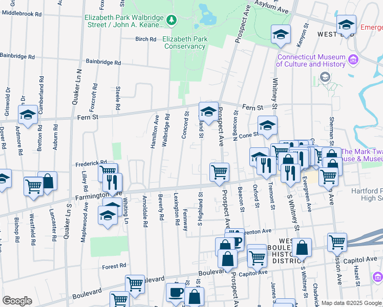map of restaurants, bars, coffee shops, grocery stores, and more near 29 Highland Street in West Hartford