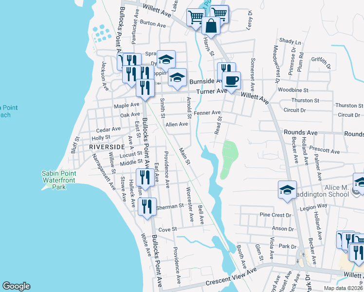 map of restaurants, bars, coffee shops, grocery stores, and more near 28 Main St in East Providence
