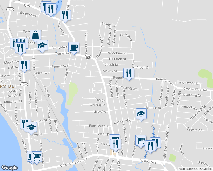 map of restaurants, bars, coffee shops, grocery stores, and more near 694 Willett Avenue in East Providence
