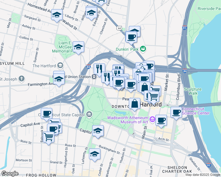 map of restaurants, bars, coffee shops, grocery stores, and more near Asylum Street in Hartford