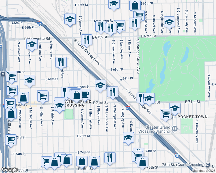 map of restaurants, bars, coffee shops, grocery stores, and more near 7000 South Rhodes Avenue in Chicago