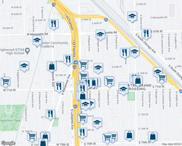 map of restaurants, bars, coffee shops, grocery stores, and more near 6957 South Wabash Avenue in Chicago
