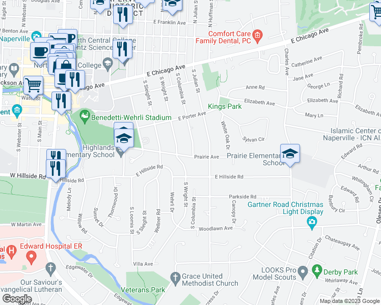 map of restaurants, bars, coffee shops, grocery stores, and more near 623 Prairie Avenue in Naperville