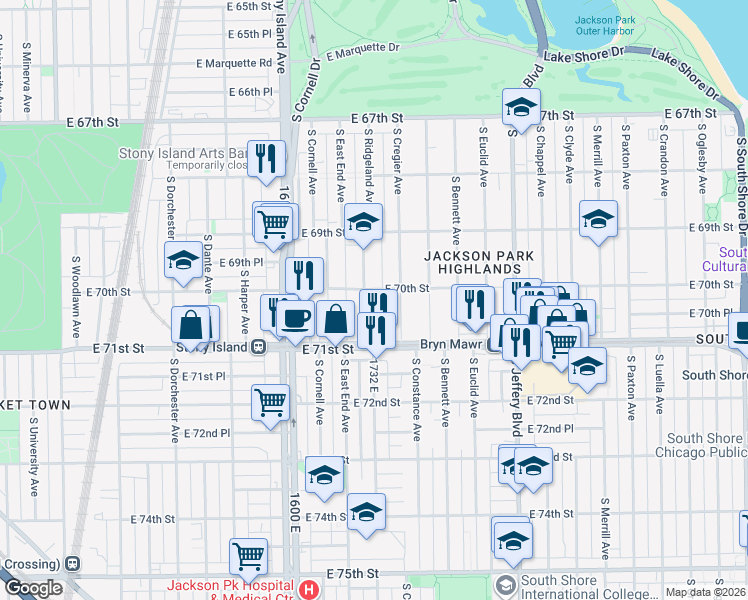 map of restaurants, bars, coffee shops, grocery stores, and more near 7012 South Cregier Avenue in Chicago