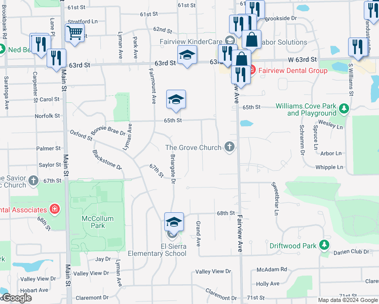 map of restaurants, bars, coffee shops, grocery stores, and more near 6601 Walnut Grove Court in Downers Grove