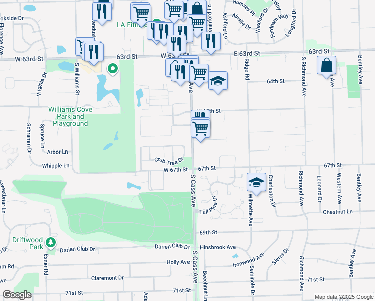 map of restaurants, bars, coffee shops, grocery stores, and more near 1519 Crab Tree Drive in Westmont