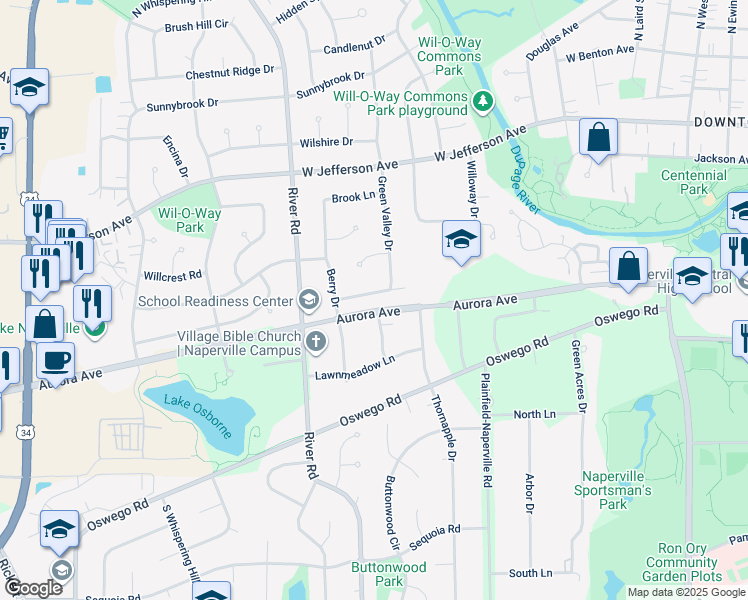 map of restaurants, bars, coffee shops, grocery stores, and more near 1216 Evergreen Avenue in Naperville