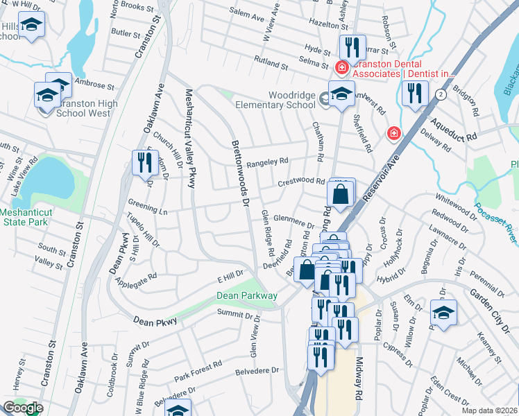 map of restaurants, bars, coffee shops, grocery stores, and more near 122 Glen Ridge Road in Cranston