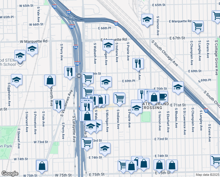 map of restaurants, bars, coffee shops, grocery stores, and more near 112 East 70th Street in Chicago