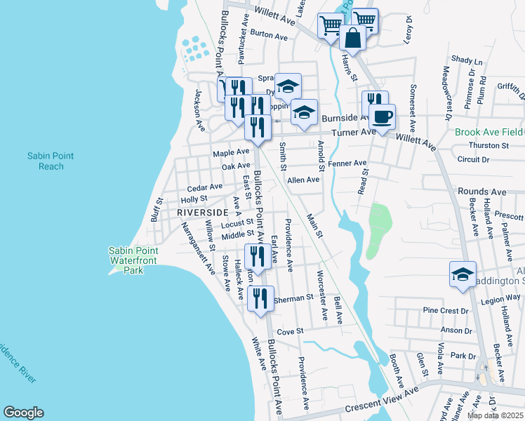 map of restaurants, bars, coffee shops, grocery stores, and more near 366 Bullocks Point Avenue in East Providence