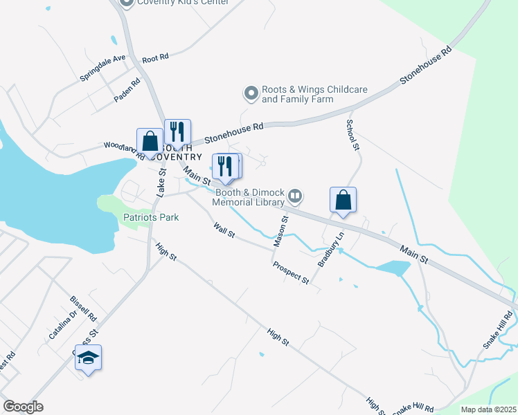 map of restaurants, bars, coffee shops, grocery stores, and more near 1171 Main Street in Coventry