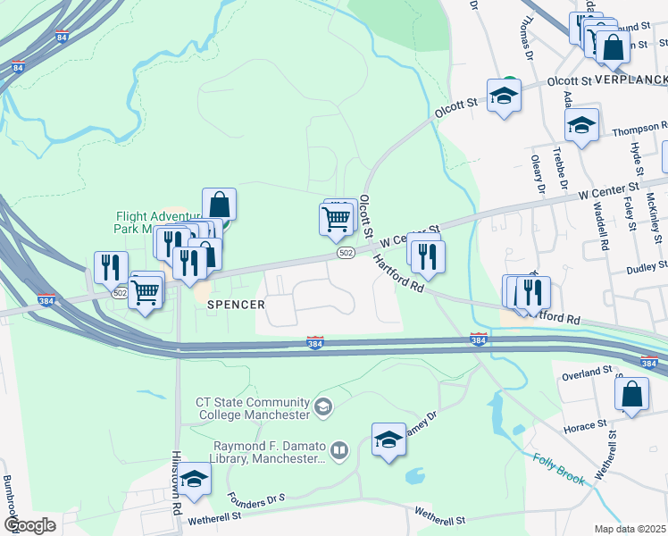 map of restaurants, bars, coffee shops, grocery stores, and more near 31 Channing Drive in Manchester