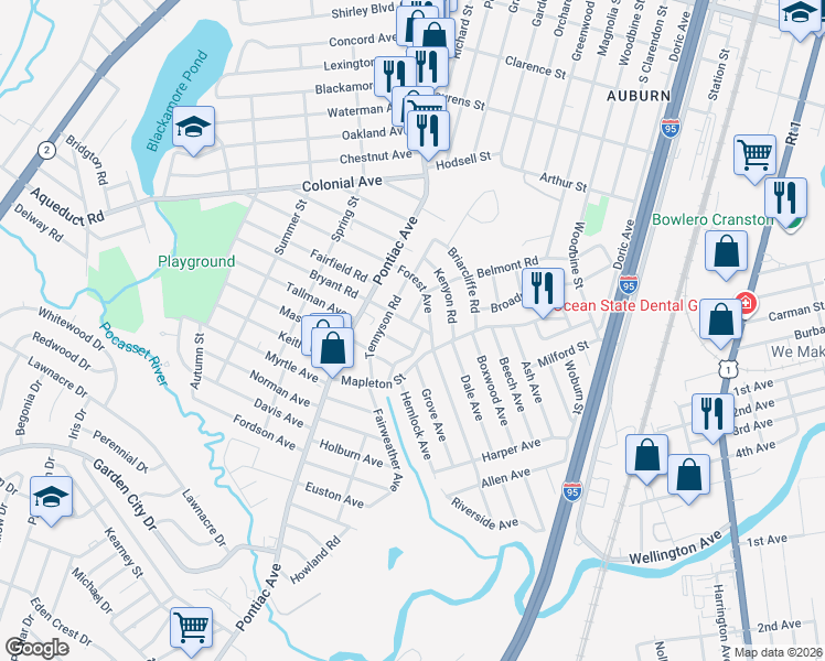map of restaurants, bars, coffee shops, grocery stores, and more near 39 Rockland Avenue in Cranston