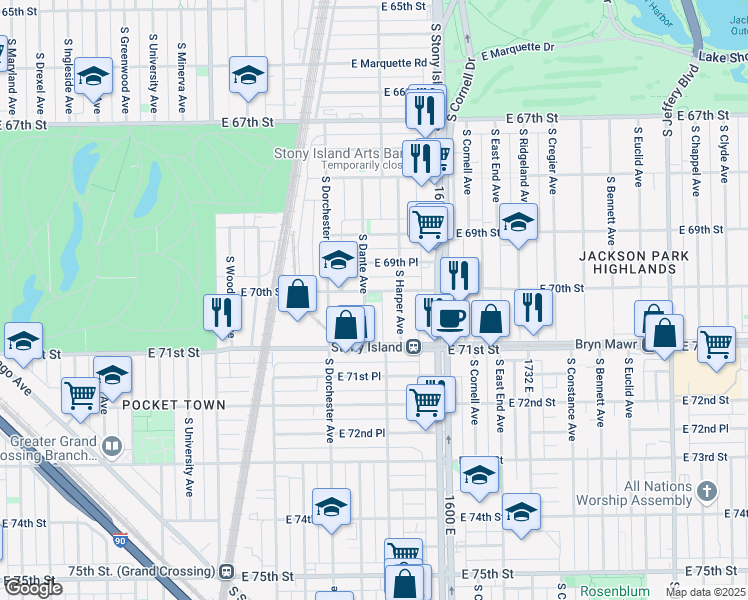 map of restaurants, bars, coffee shops, grocery stores, and more near 7001 South Dante Avenue in Chicago