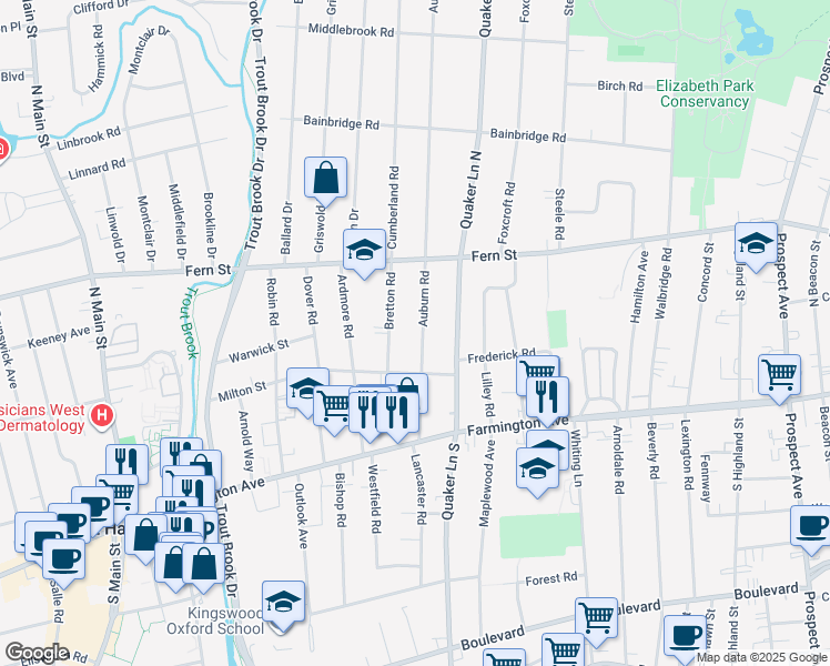 map of restaurants, bars, coffee shops, grocery stores, and more near 43 Auburn Road in West Hartford