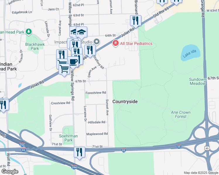 map of restaurants, bars, coffee shops, grocery stores, and more near 6721 Sunset Avenue in Countryside