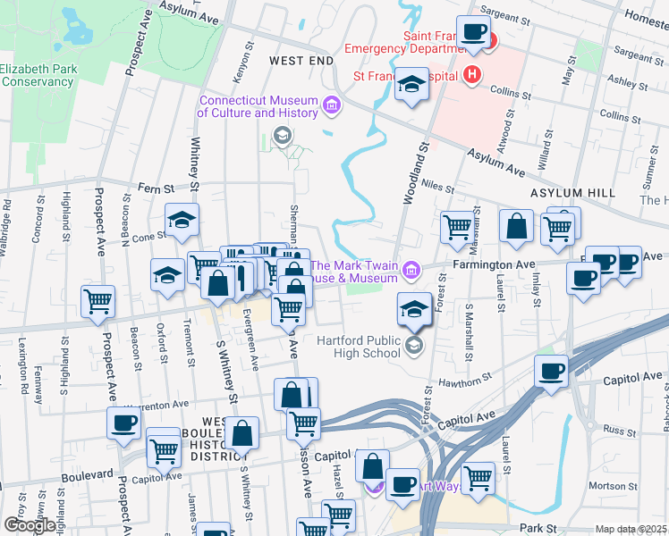 map of restaurants, bars, coffee shops, grocery stores, and more near 14 Lorraine Street in Hartford