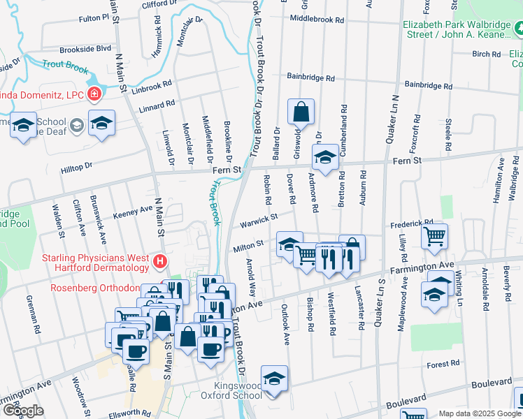 map of restaurants, bars, coffee shops, grocery stores, and more near 119 Robin Road in West Hartford