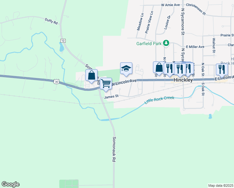 map of restaurants, bars, coffee shops, grocery stores, and more near 121 Park Court in Hinckley