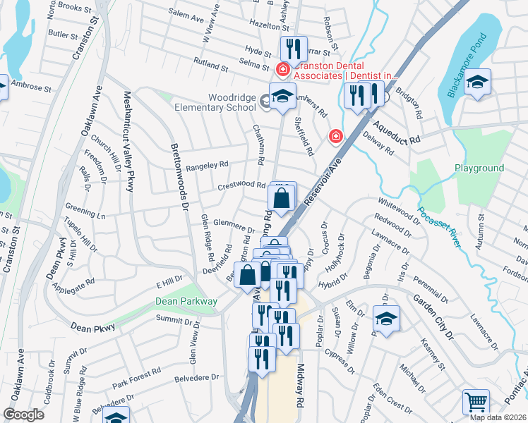 map of restaurants, bars, coffee shops, grocery stores, and more near 567 Budlong Road in Cranston