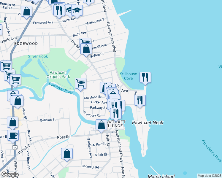 map of restaurants, bars, coffee shops, grocery stores, and more near 157 Ocean Avenue in Cranston