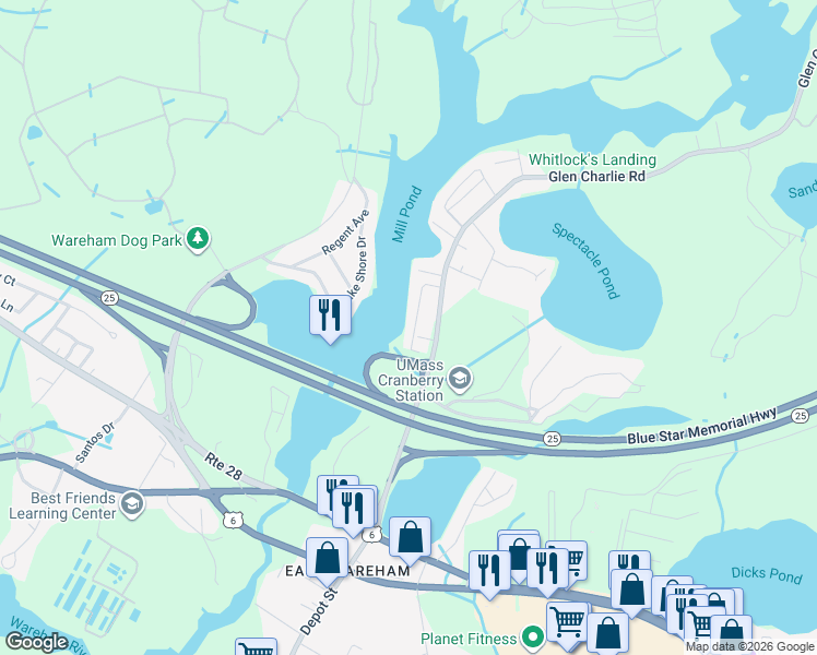 map of restaurants, bars, coffee shops, grocery stores, and more near 25 Lakeview Drive in Wareham
