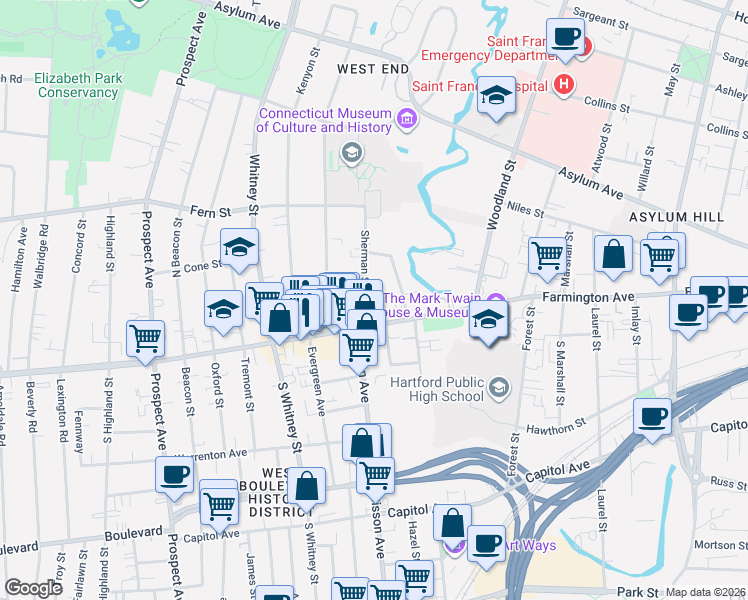 map of restaurants, bars, coffee shops, grocery stores, and more near in Hartford