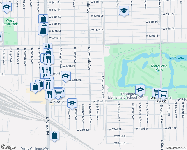 map of restaurants, bars, coffee shops, grocery stores, and more near 3631 West 69th Street in Chicago