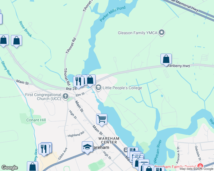 map of restaurants, bars, coffee shops, grocery stores, and more near 28 Mayflower Ridge Drive in Wareham