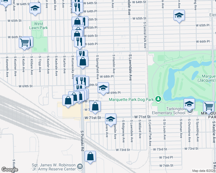 map of restaurants, bars, coffee shops, grocery stores, and more near 3823 West 69th Street in Chicago