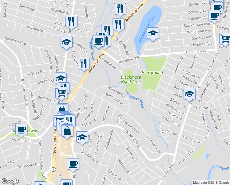 map of restaurants, bars, coffee shops, grocery stores, and more near 81 Whitewood Drive in Cranston