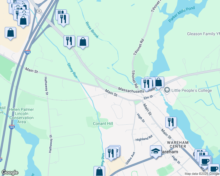 map of restaurants, bars, coffee shops, grocery stores, and more near 571 Main Street in Wareham