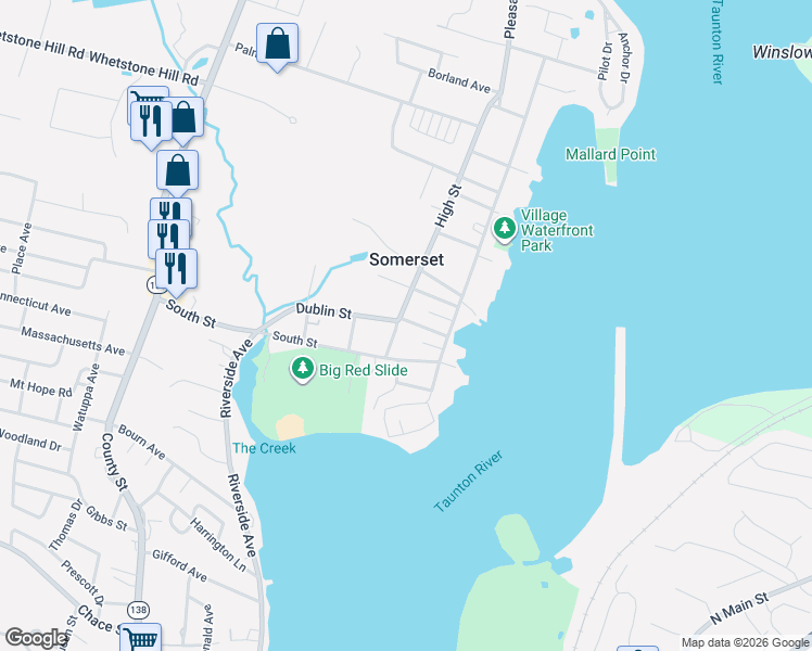 map of restaurants, bars, coffee shops, grocery stores, and more near 70 High Street in Somerset