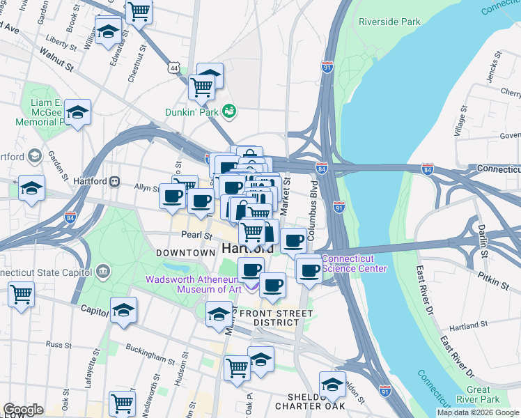 map of restaurants, bars, coffee shops, grocery stores, and more near in Wethersfield