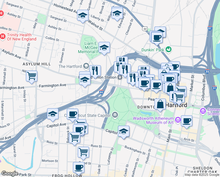 map of restaurants, bars, coffee shops, grocery stores, and more near 965 Asylum Street in Hartford