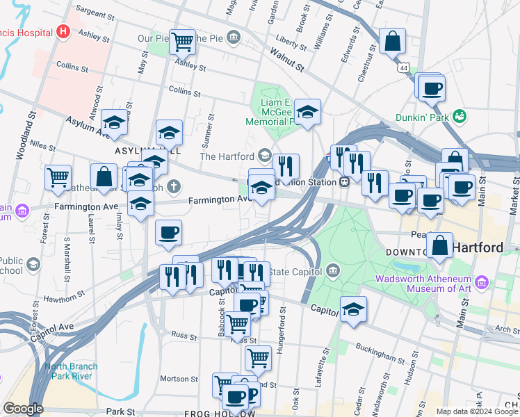 map of restaurants, bars, coffee shops, grocery stores, and more near 135 Broad Street in Hartford